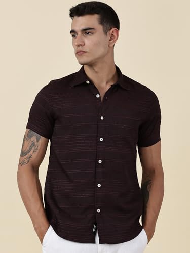 Thomas Scott Short Sleeve Embroderied Casual Shirt for Men Wine