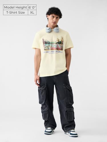 The Souled Store Relaxed T-Shirt: Lake Scene Men and Boys Short Sleeves Round Neck Off White Graphic Printed Cotton Relaxed Fit
