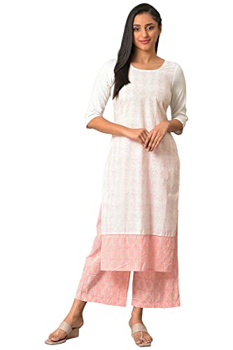 Off-White Floral Printed Kurta With Coral Palazzo