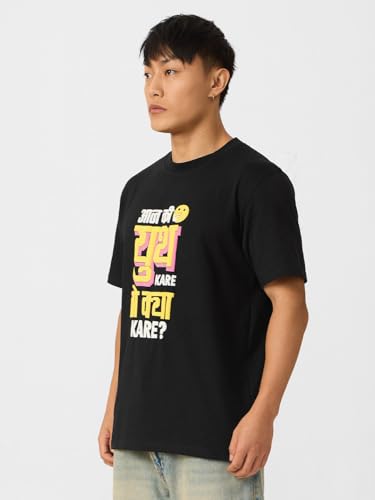 The Souled Store Originals: Aaj Ki Youth Men and Boys Short Sleeves Round Neck Regular Fit Cotton T-Shirts Black