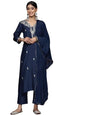 Varanga Women Navy Blue Placement Design Zari Embroidered Kurta Paired With Tonal Bottom And Tonal Chiffon Dupatta