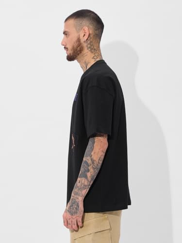 The Souled Store Antariksh Oversized T-Shirt for Men Boys Cotton Casual Half Sleeves Baggy Loose Fit Drop Shoulder Round Neck Bl