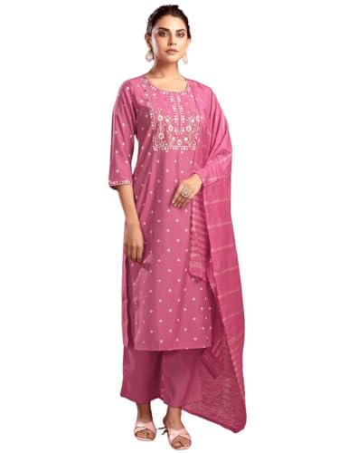 Sanisa Women's Silk Blend Pigment Print & Embroidery Straight Kurta with Pant and Dupatta Set