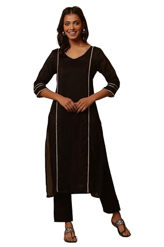 Aurelia Women Black Embellished Viscose Straight Kurta