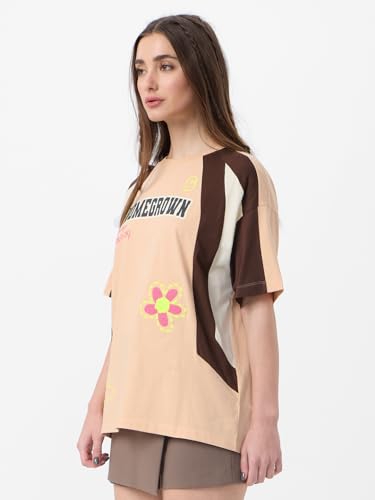 The Souled Store Homegrown Women and Girls Short Sleeves Round Neck Brown Graphic Printed Cotton Oversized T-Shirts
