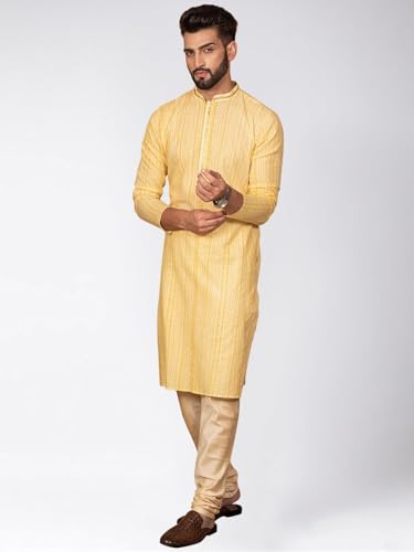 Kisah Cotton Blend Yellow Kurta For Men, Full Sleaves, Knee Length, Straight, Regular Fit, Mandarin Collar, Geometric Embroidere