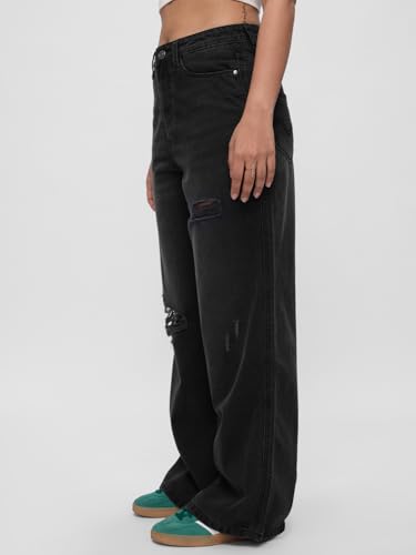 The Souled Store Denim: Amaranth Blue Women and Girls Buttoned Cotton Wide Leg Jeans