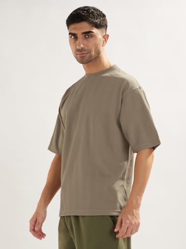 Nobero MenS Self Design Oversized Fit T-Shirt (1M-Twts-R0104_Beige
