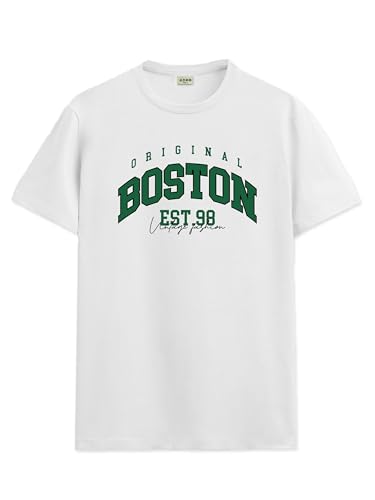 ADRO Mens Printed T Shirt - Premium Cotton Graphic Printed Tshirt - White T-Shirt - RN24-BOST-WH-XL