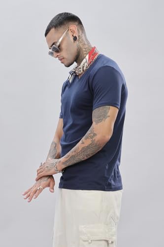 ADRO Men's V Neck Solid Cotton T-Shirt (VN-M-PLN-NB_Navy)