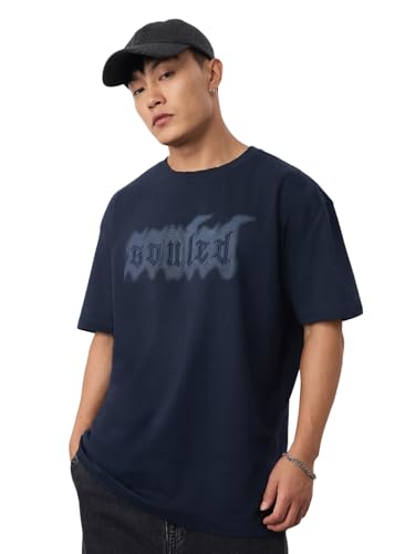 The Souled Store Souled Originals: Blue Drift Men and Boys Short Sleeves Round Neck Blue Embroidered Cotton Breathable Durable L