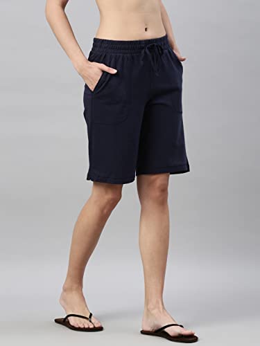 Enamor Essentials Womens Mid Rise Relaxed Fit 100% Cotton Knee Length Shorts Bermuda with Elasticated Waistband and Pockets - E0