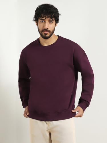 Nobero MenS Cotton Blend Crew Neck Sweatshirt (1M-Twss-R0005_Midnight Plum