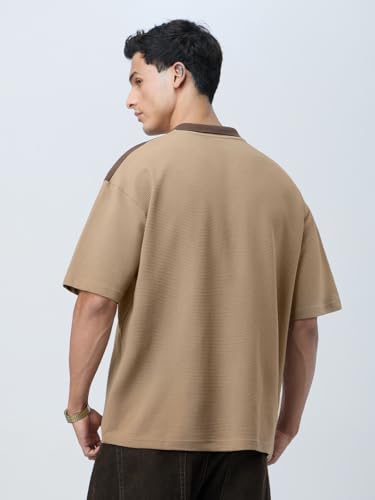 The Souled Store Ottoman Colourblock: Sepia Men and Boys Short Sleeves Collared Neck Brown Cotton Blend Oversized Zipper Polos