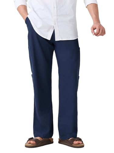 Bewakoof Mens Solid Regular Fit Cotton Linen Blend Cargo Casual Pants_677745_Blue_34