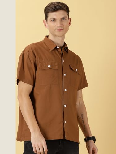 Thomas Scott Solid Double Pocket Boxy Fit Casual Shirts for Mens Brown