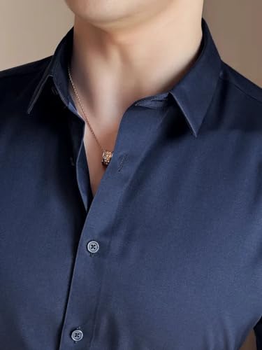 Indoprimo MenS Premium Solid Satin Casual Party Shirt Full Sleeve Navy