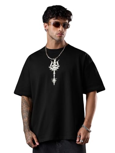 The Souled Store Asura Bomma Men and Boys Short Sleeves Round Neck Black Graphic Printed Cotton Breathable Lightweight All-Seaso