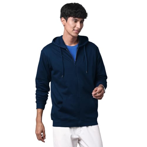 ADRO Mens Cotton Solid Zipper Hoodie Sweatshirts (ZH23-PLN-NB_Navy_XL)