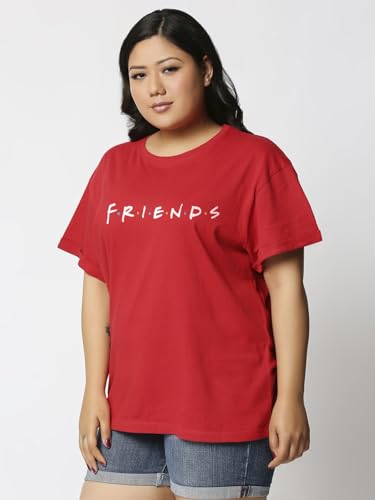 Bewakoof Official Friends Merchandise Womens Typography Boyfriend Fit Half Sleeve Round Neck Cotton Plus Size T-Shirt_384046_Re
