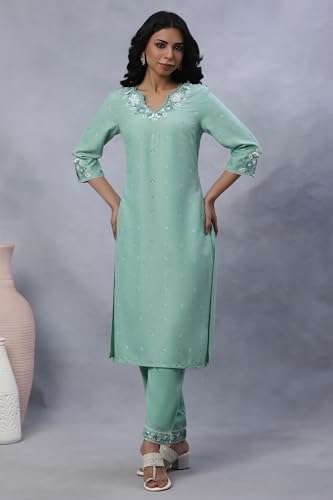 W for Woman W Women Green Festive Floral Print Viscose Co-Ord Kurta Set & Straight Pant
