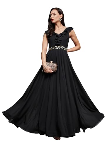 Miss Chase WomenS Sleeveless Embroidered Ruffled Georgette Maxi Dress (Mcss23D06-66-62-06, Black, Xl)