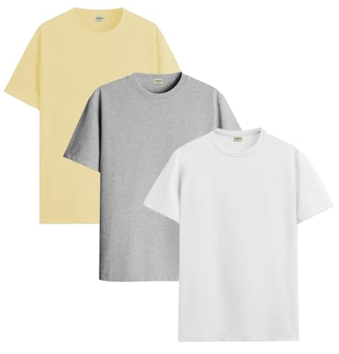 ADRO Men's Solid Regular Fit T-Shirt (RCM3-PLN-LY-WH-GR_Light Yellow,White,Grey