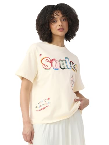 The Souled Store Souled Originals: Colour Blast Women and Girls Short Sleeves Round Neck Off White Embroidered Cotton Oversized
