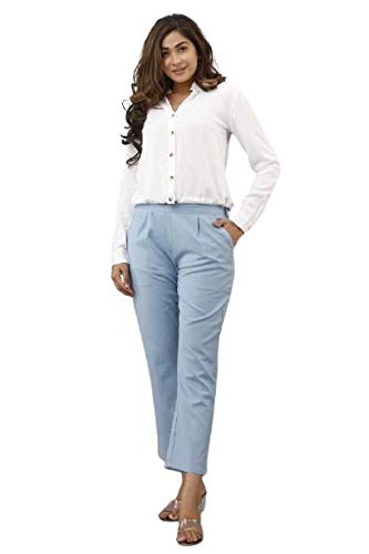 Digital Shopee Women Regular Fit Elastic Waist Full Length Cotton Formal Trouser For Casual Wear, Office Wear Sky Blue