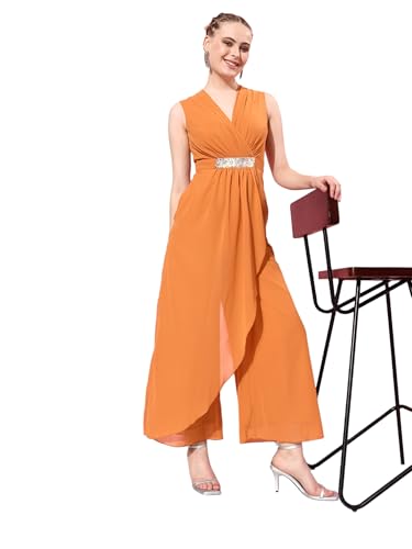 Miss Chase WomenS Colored V-Neck Sleeveless Embellished Wrap Jumpsuit (Mcss25D91-84-284-06, Dusty Orange, Xl)
