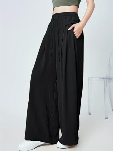 Greciilooks WomenS Loose High Rise Textured Trousers | High-Waisted Pant | Korean Trousars