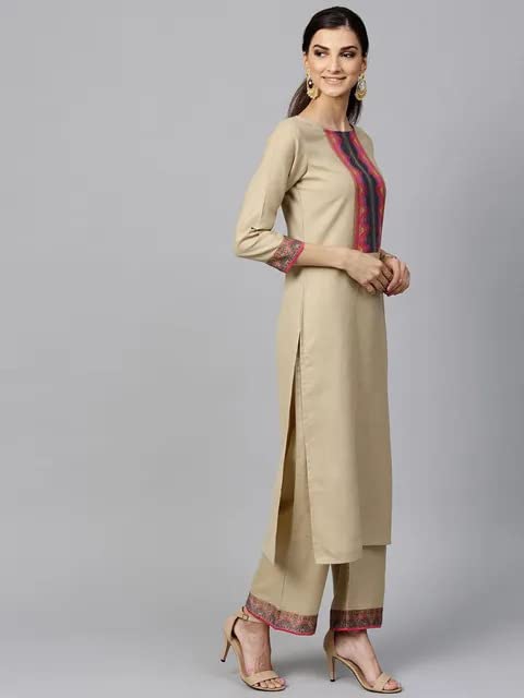 ANNI DESIGNER Women's Cotton Straight Solid Kurta with Pant & Dupatta (My Hit-Beige-Jan10)