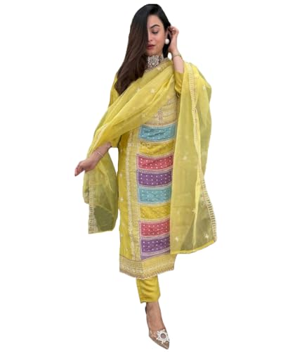 Anni Designer WomenS Rayon Viscose Straight Embroidered Kurta With Pant & Dupatta (Art Lemon-Vks01_L_Green_Large)
