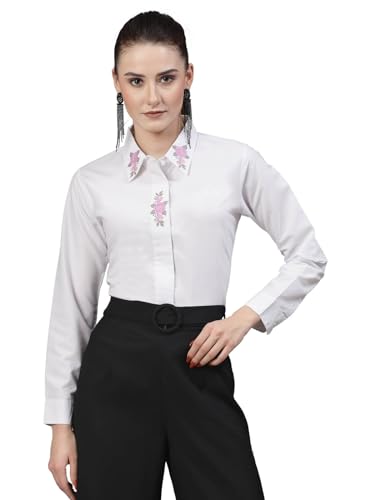Style Quotient Women Embroidered White Polycotton Regular Smart Casual Shirt