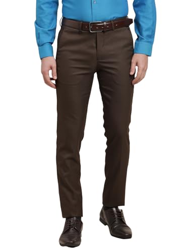 Turtle Men Poly Viscose Brown Dobby Printed Ultra Slim Fit Formal Trouser