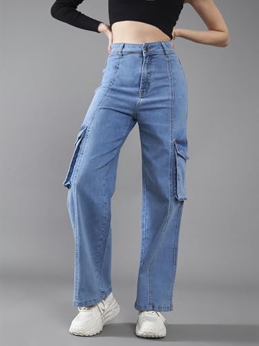 Dolce Crudo Womens Wide Leg High Rise Clean Look Regular Length Stretchable Patch Pocketed Denim Jeans (DOSS24DEN67-05-115-26,