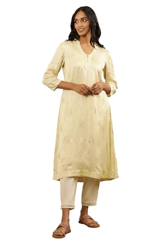 W for Woman Folksong by W Women Yellow Festive Floral Print Viscose A-Line Kurta