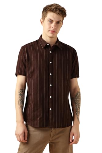 Dennis Lingo MenS Maroon Polycotton Spread Collar Short Sleeves Striped Shirts
