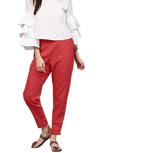 Digital Shopee Regular Fit Elastic Waist Ankle Length Cotton Casual Trouser With Two Side Pockets For Women Red