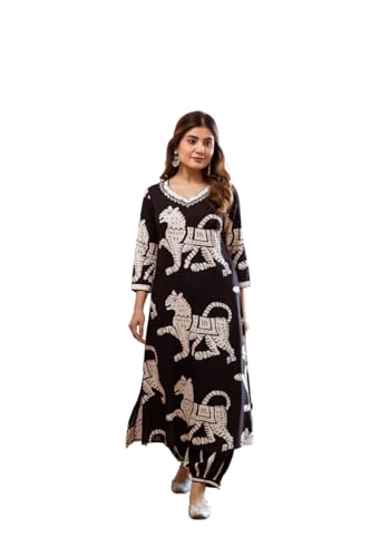 Ishin Black Rayon Quirky Printed Kurta With Pants