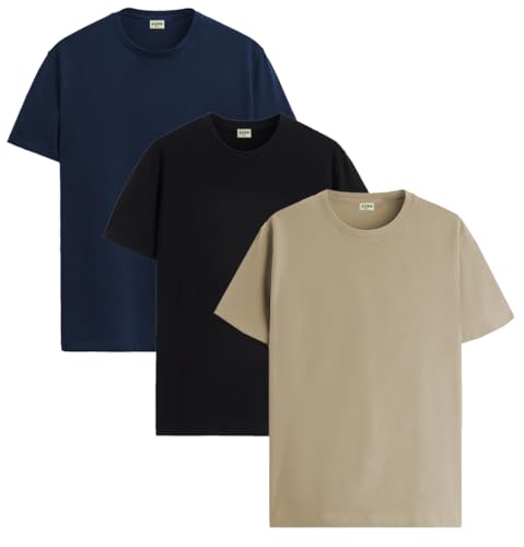 ADRO Men's Solid Regular Fit T-Shirt (RCM3-PLN-BL-BE-NB_Black,Beige,Navy
