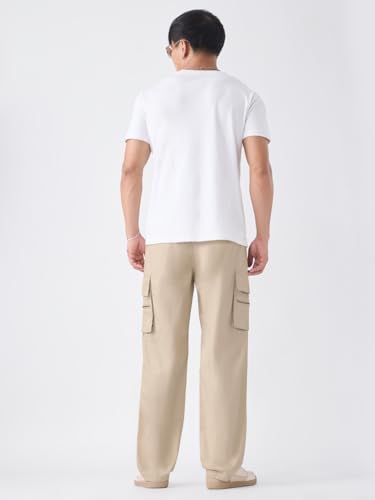 The Souled Store Cargo Pants: Creamy Beige Men and Boys Adjustable Buckle Waist Solid Cotton Twill Lightweight Everyday Straight