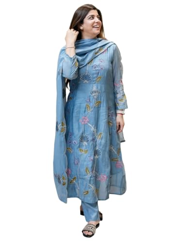 Gosriki WomenS Rayon Viscose A-Line Embroidery Kurta With Pant & Dupatta (Eshani Blue-Vks01-Gs_Xl_Blue_X-Large)