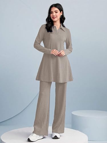 TADKEE Womens Solid Color Two-Piece Set | Long Sleeve Top & Wide Leg Pants Co-ord Set | Casual Wear Co ord Set (FN-Full-Sleeve-