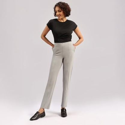BlissClub Women Ultimate Straight Pants -Tall| Pintuck Design | No-Dig Waistband | Trousers for Women | 2 Zippered Pockets