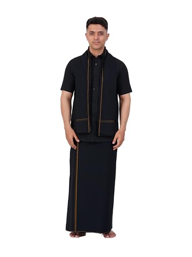 Prakasam Cotton Mens Single Small Border (1.28X2.00 Mtrs) Black Dhoti + Readymade Half Sleeve Shirt + Black Small Border Towel