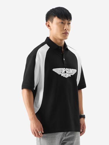 The Souled Store Official Top Gun: Maverick Men And Boys Short Sleeve Black Graphic Print Oversized Fit Polos Oversized Polo T-S