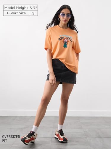 The Souled Store Disney: Women and Girls Short Sleeves Round Neck Orange Typography Graphic Printed Cotton Lightweight Everyday