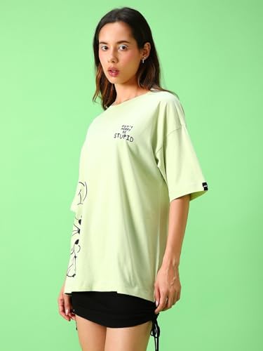 Bewakoof X Official Garfield Merchandise Womens Be Stupid Odie Graphic Printed 100% Cotton T-Shirt - Oversized Fit, Round Neck,