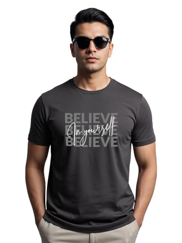 ADRO Mens Dark Grey Motivational Printed Tshirt | Regular Fit T Shirt | Cotton Lycra Stretch Fabric | Sizes S to 5XL| Believe i
